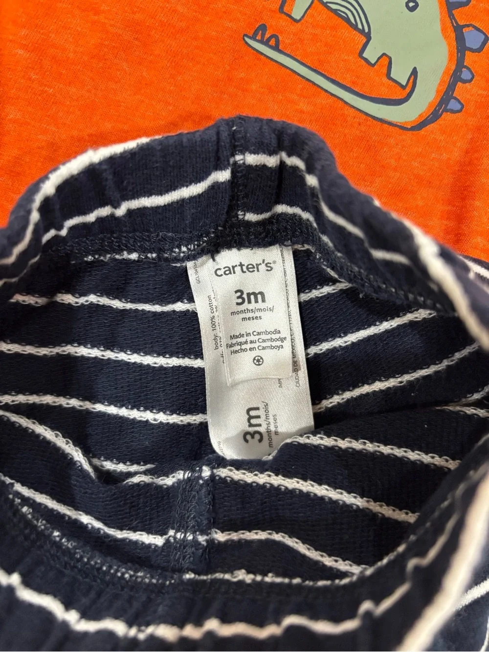 Carter's Orange Long-Sleeve Dino Bodysuit with Navy Stripe Dino-Detail Pants